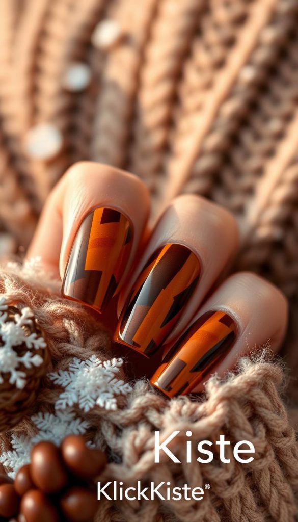 A close-up, exquisite view of velvet tortoiseshell nails, showcasing the luxurious texture and deep, rich colors of light brown, caramel, and dark amber blending seamlessly. The nails should have a glossy finish, reflecting soft, warm winter lighting that enhances the velvety effect. Surrounding the nails, add subtle winter elements like delicate snowflakes and a cozy knitted sweater in the background, creating a seasonal atmosphere. The composition should maintain a clean and sophisticated look, capturing the elegance of the design while emphasizing the natural beauty of the nails. Ensure the setting is well-lit, resembling soft natural light, with a shallow depth of field to soften the background. Include the brand name "KlickKiste" prominently in the scene but without any visible text or logos. The mood should be warm, inviting, and inspirational, perfect for a seasonal nail design showcase.