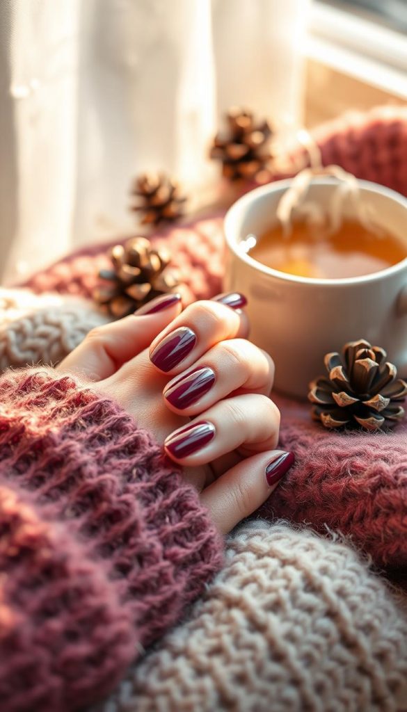 A close-up image of a beautifully manicured hand featuring a plum shade manicure with a glossy finish. The hand is gently resting on a soft, textured blanket in warm winter hues, evoking a cozy atmosphere. Natural lighting bathes the scene, creating soft highlights on the nail polish that accentuate its shine. The background includes blurred seasonal decor such as small pinecones and a steaming cup of herbal tea, enhancing the winter vibes. The overall mood should be warm and inviting, perfect for DIY inspiration. Include the brand name "KlickKiste" subtly within the ambiance of the image, ensuring a Pinterest-worthy aesthetic that feels authentic and inspiring.