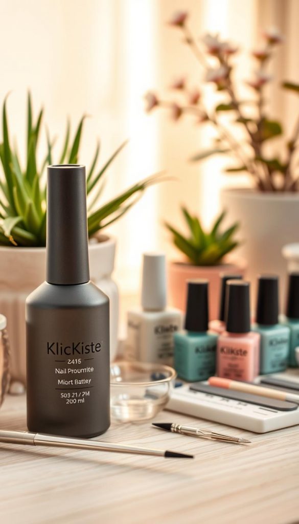 A close-up image of a beautifully organized nail care station, showcasing a variety of nail base products essential for a DIY gel manicure. In the foreground, highlight a sleek bottle labeled &quot;KlickKiste&quot; with a matte finish, beside a delicate brush and a small dish for mixing. The middle ground features neatly arranged tools like a nail file, cuticle pusher, and a selection of pastel-colored gel polishes. The background should exhibit warm, inviting lighting that gives a cozy spring vibe, with soft-focus elements like potted plants and a light wooden surface. Capture a Pinterest-inspired, natural aesthetic that feels authentic and inspiring, with an overall atmosphere of creativity and professionalism.