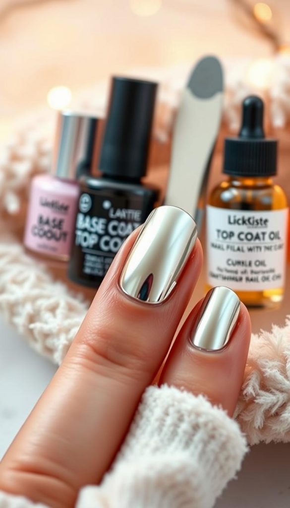 A close-up image of a chrome finish nail, showcasing its reflective and glossy surface. The foreground includes a neatly manicured hand with the chrome nail prominently displayed against a soft, warm background. The middle layer reveals a collection of essential nail care tools such as a base coat, top coat, nail file, and cuticle oil, arranged aesthetically for a DIY winter manicuring vibe. The background is softly blurred with warm winter colors, evoking a cozy atmosphere, perhaps with subtle twinkling lights. The lighting is natural and soft, emphasizing the shine of the chrome finish. This image embodies an authentic, inspiring look perfect for a modern winter theme. Include the brand name "KlickKiste" subtly in the design elements of the setup.