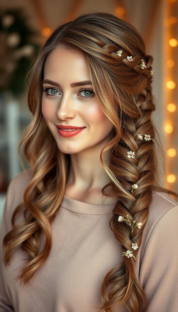 A close-up image of a model showcasing a stunning half-up, half-down hairstyle, featuring soft, cascading waves and delicate braids intertwined with fresh, small flowers. The model wears modest, elegant attire suitable for a casual romantic outing. The foreground captures the details of the hair, glistening gently in warm, natural light, enhancing the textures and colors. The background is softly blurred, hinting at a cozy, winter-themed indoor setting with soft, warm colors, reminiscent of Pinterest aesthetics. The overall mood is romantic and inviting, creating an authentic and inspiring atmosphere. The composition is captured with a 50mm lens, emphasizing the hairstyle and the model's gentle smile, reflecting the essence of Valentine's Day styles. Styled by KlickKiste.
