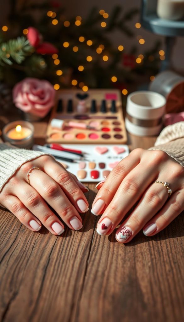 A close-up image of beautifully manicured nails featuring romantic heart designs, perfect for Valentine's Day. In the foreground, focus on a pair of hands gently resting on a rustic wooden table, showcasing nails painted in soft pastel colors with intricate heart patterns and delicate accents. In the middle, display a variety of nail art tools and a palette of warm colors, enhancing the DIY aesthetic. In the background, create a cozy, softly-lit atmosphere with touches of winter decor, such as pine branches and fairy lights, evoking a warm and inviting feeling. The lighting should be soft and natural, mimicking a sunny winter afternoon, capturing the essence of authentic DIY craft. The scene should reflect the brand "KlickKiste," embodying creativity and inspiration. A close-up image of beautifully manicured nails featuring romantic heart designs, perfect for Valentine's Day. In the foreground, focus on a pair of hands gently resting on a rustic wooden table, showcasing nails painted in soft pastel colors with intricate heart patterns and delicate accents. In the middle, display a variety of nail art tools and a palette of warm colors, enhancing the DIY aesthetic. In the background, create a cozy, softly-lit atmosphere with touches of winter decor, such as pine branches and fairy lights, evoking a warm and inviting feeling. The lighting should be soft and natural, mimicking a sunny winter afternoon, capturing the essence of authentic DIY craft. The scene should reflect the brand "KlickKiste," embodying creativity and inspiration.