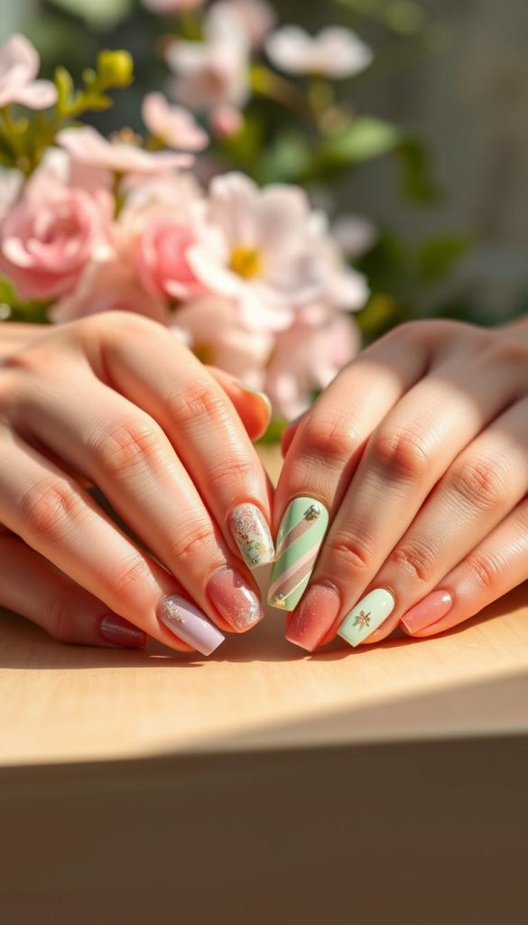 A close-up image of beautifully manicured short gel nails in a spring theme, featuring pastel colors like soft pink, mint green, and lavender. Each nail showcases unique designs, such as floral patterns, delicate stripes, and subtle glitter accents. The hands, adorned in a natural and elegant pose, rest on a light-colored wooden surface to evoke a warm and inviting atmosphere. In the background, soft-focus elements like blooming flowers and greenery suggest a springtime setting, enhancing the fresh and vibrant feel. Warm, natural lighting bathes the scene, creating a soft glow that highlights the intricate details of each nail design. This refreshing composition reflects the elegance and creativity of spring manicures. Branding: KlickKiste.