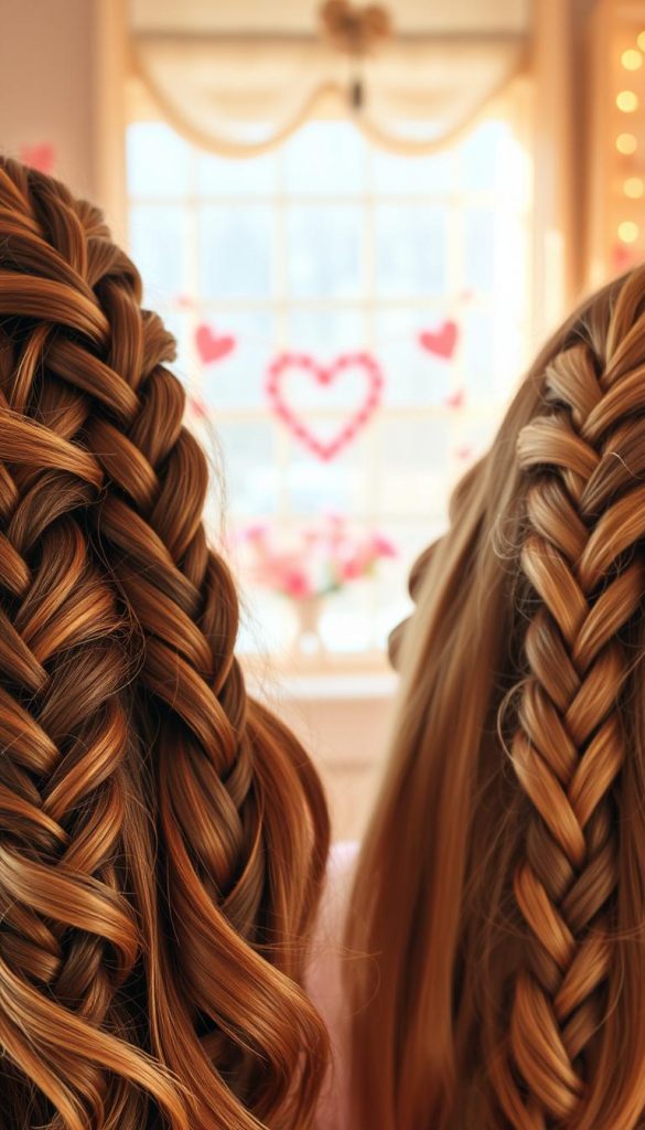 A close-up image of beautifully styled braids, featuring various types from French to Waterfall. The foreground showcases intricate, romantic braid designs, with delicate strands just slightly loose for a soft, natural look. In the middle, a softly blurred background of a cozy, sunlit room decorated for Valentine's Day, with warm, inviting colors and gentle winter vibes. The lighting is warm and soft, emphasizing the textures of the hair and creating a welcoming atmosphere. Aesthetic, DIY elements like subtle florals or heart-shaped decorations can be faintly visible in the background. The overall mood is romantic yet everyday casual, perfect for inspiring hair ideas for special occasions. This image reflects the essence of cuddle-worthy hairstyles. Designed by KlickKiste.