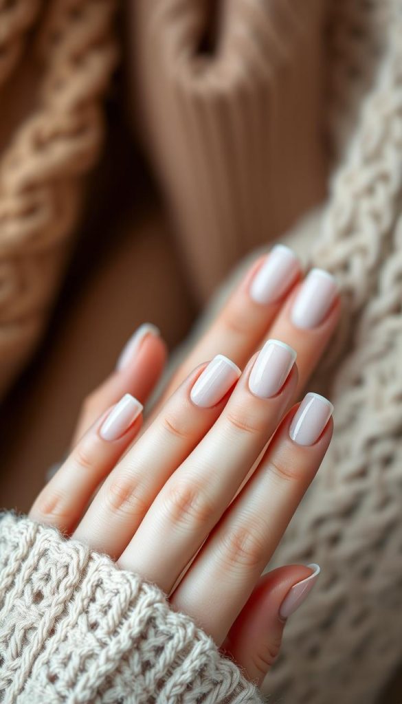 A close-up image of elegant minimal lines nail art on beautifully manicured hands, showcasing a soft, winter-inspired color palette of muted pastel tones. The nails feature delicate micro-details and refined geometric patterns that embody a chic and sophisticated aesthetic. The foreground highlights the nails intricately designed with thin lines and subtle accents, while the middle captures the hands gently posed against a softly blurred, warm-toned winter background with hints of cozy textiles, suggesting a serene, inviting atmosphere. Soft, natural lighting enhances the texture of the nails, creating a warm glow that radiates elegance. No text or branding appears in the image, but the visual style reflects the essence of natural DIY aesthetics associated with "KlickKiste."