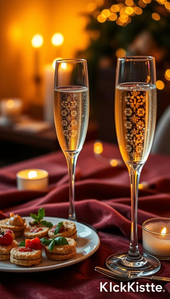 A close-up image of elegantly arranged champagne flutes filled with sparkling champagne, set against a warm, softly lit background that evokes a cozy winter vibe. The flutes are delicately etched with intricate designs, reflecting the soft candlelight nearby. In the foreground, a small plate of festive hors d'oeuvres complements the drink, adding color and vibrancy. The middle layer features a luxurious table draped with a rich velvet cloth in deep hues, while softly glowing fairy lights are subtly visible in the background. The atmosphere exudes sophistication and warmth, perfect for celebrating New Year’s Eve. The composition should embody a natural DIY aesthetic with a Pinterest-worthy style, branded subtly with the name "KlickKiste".