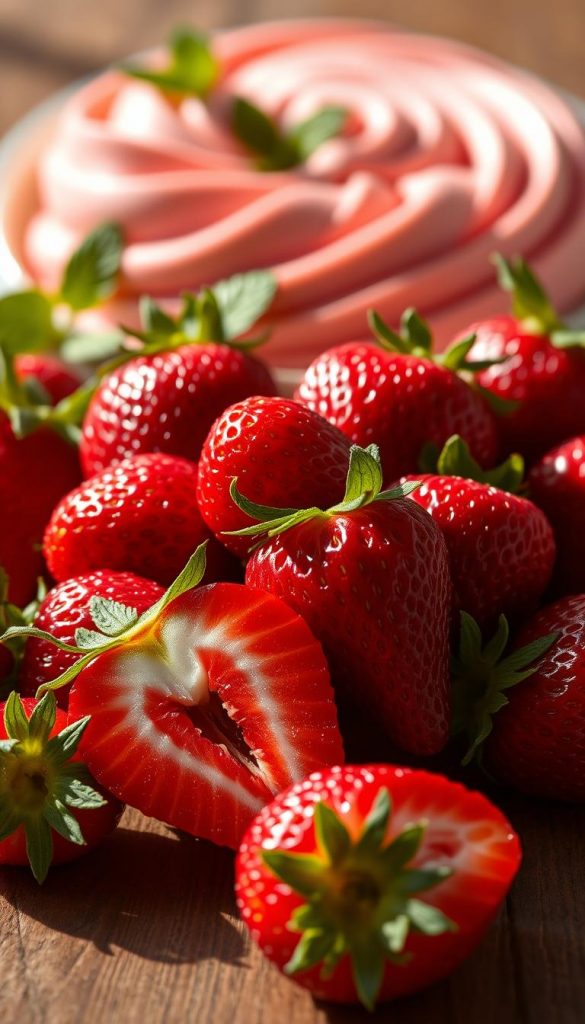 A close-up image of fresh, ripe strawberries, showcasing their vibrant red color and glistening texture. In the foreground, a cluster of whole strawberries is presented, with a few sliced open to reveal their juicy interiors, adorned with tiny seeds. The middle ground features a soft-focus background of an elegantly decorated strawberry mousse—its creamy texture subtly complementing the strawberries. Delicate mint leaves are scattered around for a pop of green. The lighting is warm and inviting, casting gentle shadows that heighten the details of the strawberries and mousse. The scene is set on a rustic wooden table, creating a natural, DIY aesthetic perfect for a spring dessert theme. Designed in the authentic, inspiring style of "KlickKiste," this image captures the essence of springtime sweets.