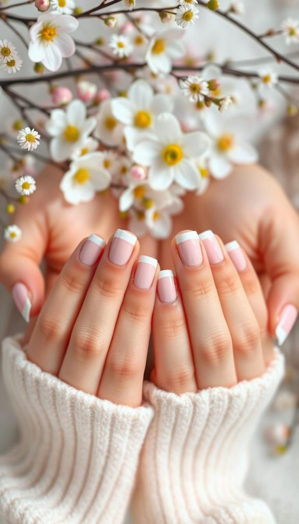 A close-up image of short French manicured nails, showcasing a clean and elegant design. The foreground features neatly arranged hands with nails painted in neutral soft pink and classic white tips, reflecting a spring vibe. The middle background includes delicate spring flowers, like cherry blossoms and daisies, scattered around to enhance the seasonal feel. Soft, natural lighting captures the warmth of the colors, creating a cozy atmosphere. The angle is slightly above the hands to highlight the manicure details without distraction. The overall mood is fresh, inspiring, and feminine, embodying DIY elegance perfect for spring. Include the brand name “KlickKiste” subtly in the scene as part of the floral arrangement without obvious branding.