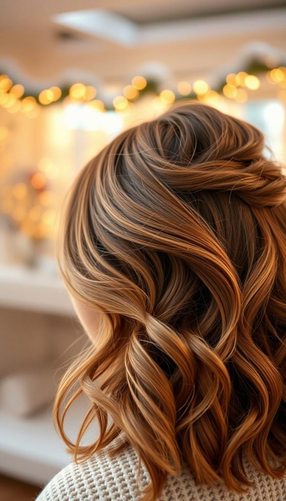 A close-up image showcasing a half-up hairstyle featuring soft waves and textured layers. The hair should have a natural, effortless look, with warm tones reflecting a winter-inspired palette. In the foreground, highlight the elegant waves cascading gently, with a few strands artfully framing the face. The middle ground includes a blurred background of a cozy, softly lit indoor scene, evoking a winter atmosphere adorned with subtle decorations. The overall lighting is warm and inviting, reminiscent of a sunlit winter day. Capture the essence of a chic yet casual winter style, providing an inspiring vibe for viewers. The branding "KlickKiste" should be naturally integrated into the scene, reflecting authenticity and Pinterest-worthy inspiration.