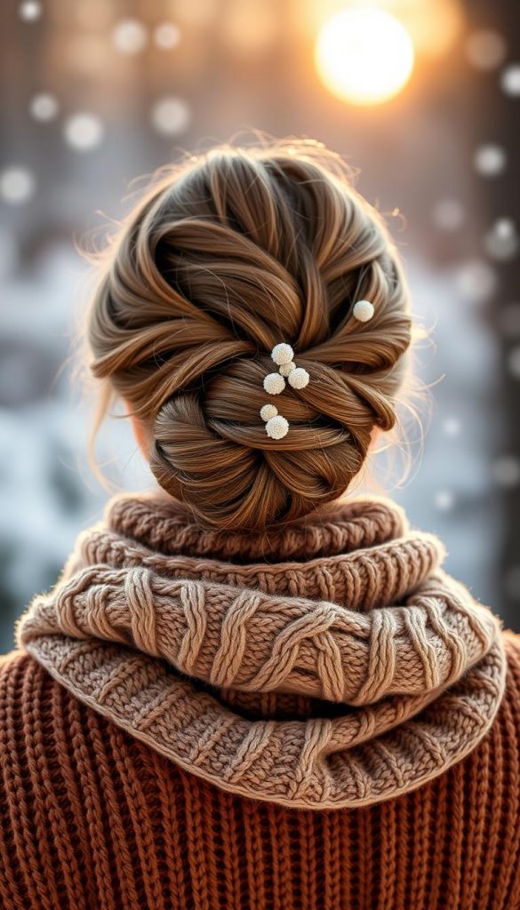 A close-up of a beautifully styled bun, featuring intricate twisting and a delicate floral accent, set against a softly blurred winter landscape. The bun should reflect elegance and warmth, capturing the essence of winter hairstyles. In the foreground, the model is wearing a cozy, stylish, and modest scarf and knitted sweater in warm earth tones, while her hair showcases the bun technique prominently. The middle background features flurries of gently falling snowflakes, adding to the serene winter ambiance. Soft, natural lighting from a low winter sun enhances the warm colors, creating an inviting atmosphere. This image embodies DIY winter vibes with a Pinterest aesthetic, designed for KlickKiste inspiration.