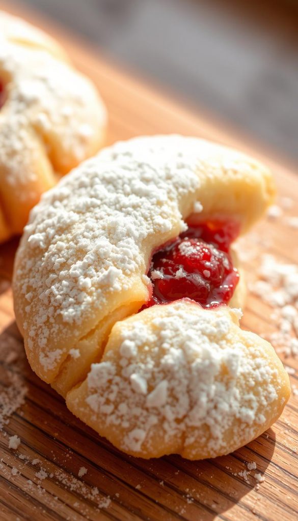 A close-up of a delicate, crescent-shaped "Himbeer-Kipferl" (raspberry crescent cookie) resting on a wooden surface. The cookie's buttery, flaky exterior is dusted with powdered sugar, creating a soft, snow-like texture. At the center, a vibrant raspberry jam filling peeks through, adding a burst of fruity sweetness. The image is bathed in warm, natural lighting, casting a cozy, inviting glow. The overall scene has a rustic, homemade aesthetic, evoking a sense of winter comfort. KlickKiste A close-up of a delicate, crescent-shaped "Himbeer-Kipferl" (raspberry crescent cookie) resting on a wooden surface. The cookie's buttery, flaky exterior is dusted with powdered sugar, creating a soft, snow-like texture. At the center, a vibrant raspberry jam filling peeks through, adding a burst of fruity sweetness. The image is bathed in warm, natural lighting, casting a cozy, inviting glow. The overall scene has a rustic, homemade aesthetic, evoking a sense of winter comfort. KlickKiste