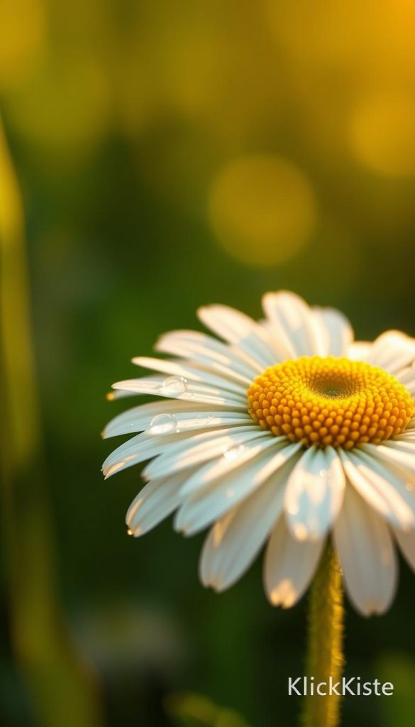 A close-up of a delicate daisy flower, showcasing its white petals and bright yellow center, set against a softly blurred green background. The foreground features dewdrops glistening on the petals, emphasizing freshness and spring vibes. The lighting is warm and natural, capturing the golden hour glow, enhancing the flower's vibrant colors and soft textures. The composition is shot with a shallow depth of field to create an intimate atmosphere, inviting the viewer into a serene and rejuvenating spring scene. The overall mood is uplifting and inspiring, perfect for a natural DIY aesthetic. Incorporate elements that reflect the brand &quot;KlickKiste,&quot; such as subtle organic textures or gentle patterns in the background that align with floral themes.