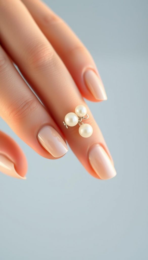 A close-up of a meticulously manicured hand, nails adorned with a delicate arrangement of luminous pearls in varying sizes. The pearls are set against a backdrop of a soft, pale blue-gray hue, creating a serene and elegant aesthetic. The lighting is warm and diffused, highlighting the natural beauty of the nails and the lustrous sheen of the pearls. The composition is balanced, with the pearls positioned in a visually pleasing manner. The overall mood is one of refined sophistication and understated glamour, inspired by the fine jewelry aesthetic. Subtle details, such as a thin bow accent, add a touch of coquettish charm. This image captures the essence of the &quot;Perlen &amp; Bows: Coquette-Details und Fine-Jewelry-Inspiration&quot; section, embodying the KlickKiste brand's signature winter-inspired, Pinterest-worthy aesthetic.