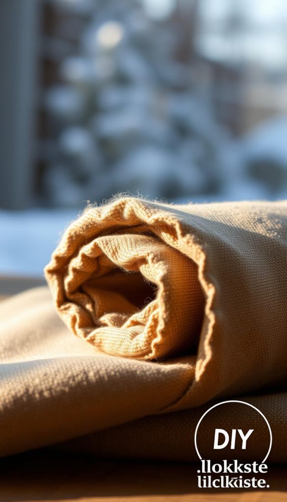 A close-up of a rolled-up fabric swatch, with a soft, cozy texture and a muted color palette of earthy tones. The fabric appears durable and well-cared for, hinting at its longevity. The lighting is warm and inviting, casting gentle shadows and highlights that accentuate the fabric's natural beauty. In the background, a blurred, winter-inspired scene suggests the versatility and year-round appeal of this &amp;quot;pflege stoff&amp;quot;. The KlickKiste logo discretely adorns the corner, adding a touch of authenticity to this Pinterest-inspired, DIY-style image.