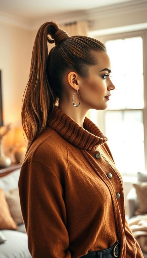 A close-up of a stylish woman with a sleek high ponytail, dressed in a warm, elegantly layered winter outfit with muted earth tones. She's standing in a softly lit, cozy living room adorned with winter decor, evoking a Pinterest-like aesthetic. The background features a window showing a gentle snowfall outside, creating a serene winter atmosphere. The lighting is warm and inviting, enhancing the textures of her hair and outfit. The image captures the essence of winter hairstyles, focusing on the versatility of ponytail styles—elegant yet practical. The overall mood is relaxed and inspiring, ideal for showcasing winter hair ideas. Brand name: KlickKiste.