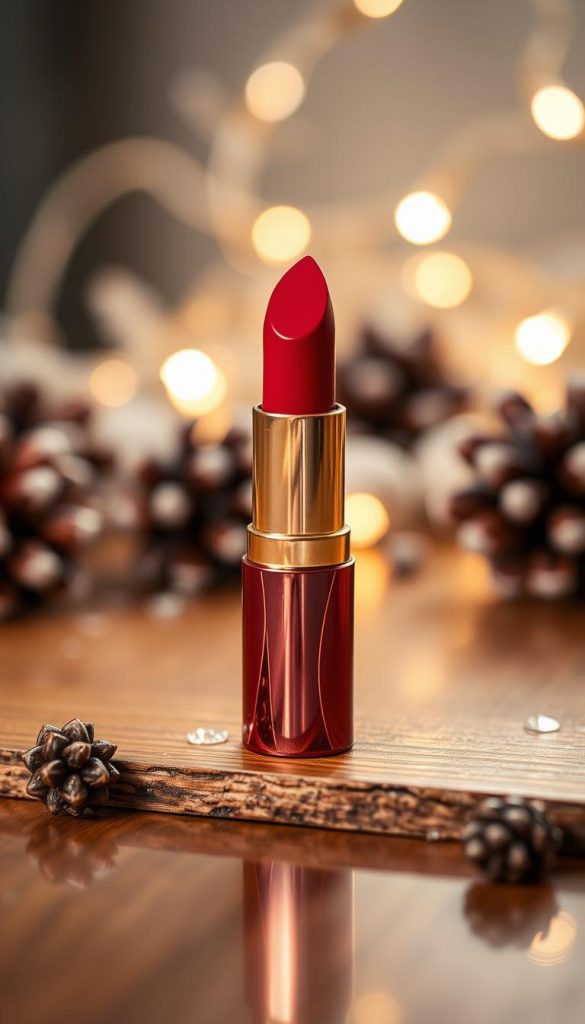 A close-up of a vibrant ochsenblutrot (oxblood red) lipstick tube, elegantly placed on a natural wood surface, reflecting the warmth of winter vibes. The lipstick is slightly unscrewed, showcasing the rich color and creamy texture, with a luxurious metallic finish on the packaging bearing the brand name "KlickKiste." Soft, ambient lighting gently illuminates the scene, creating a cozy, inviting atmosphere. In the background, blurred hints of winter decorations, like frosted pinecones and fairy lights, enhance the seasonal feel without distraction. The overall mood is glamorous and inspirational, perfect for a festive make-up theme. The composition should be detailed but clean, focusing solely on the lipstick and its elegant presentation. A close-up of a vibrant ochsenblutrot (oxblood red) lipstick tube, elegantly placed on a natural wood surface, reflecting the warmth of winter vibes. The lipstick is slightly unscrewed, showcasing the rich color and creamy texture, with a luxurious metallic finish on the packaging bearing the brand name "KlickKiste." Soft, ambient lighting gently illuminates the scene, creating a cozy, inviting atmosphere. In the background, blurred hints of winter decorations, like frosted pinecones and fairy lights, enhance the seasonal feel without distraction. The overall mood is glamorous and inspirational, perfect for a festive make-up theme. The composition should be detailed but clean, focusing solely on the lipstick and its elegant presentation.