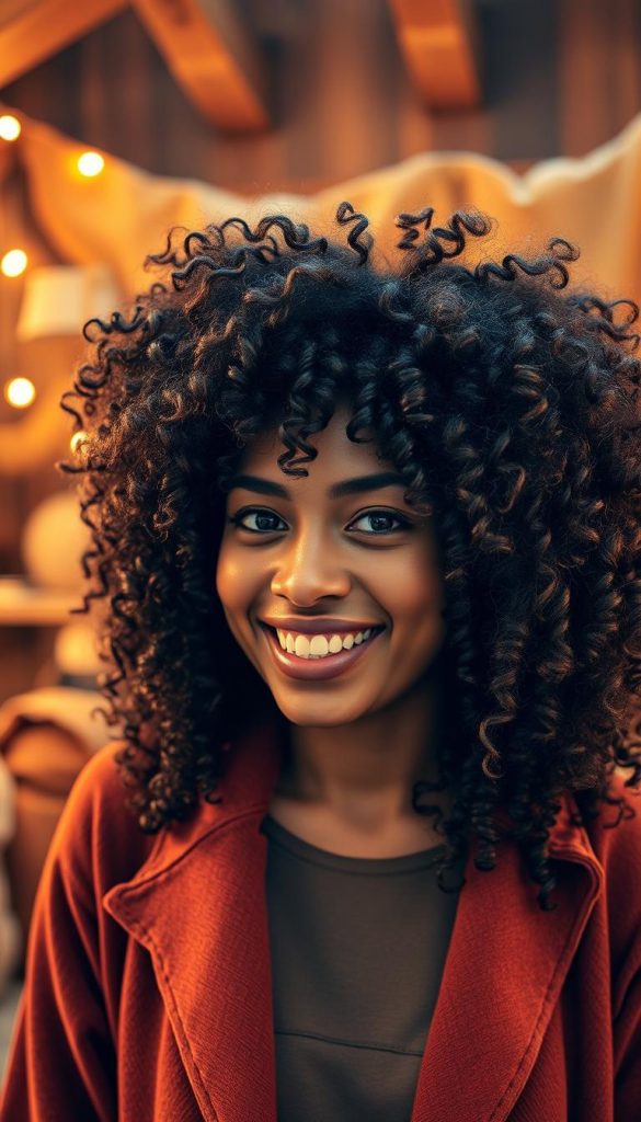 A close-up of beautifully defined natural curls, showcased in warm, inviting lighting that evokes a cozy winter vibe. The foreground features a model with a radiant smile, dressed in a stylish, casual outfit, highlighting the rich texture and shine of her curls. Her hair should appear voluminous and well-maintained, with a touch of frizz to illustrate authenticity. The background includes a softly blurred, rustic setting filled with wooden elements and warm-toned fabrics, enhancing the overall Pinterest aesthetic. The scene radiates a sense of comfort and inspiration for those embracing their natural curls. The branding "KlickKiste" is subtly integrated into the backdrop, adding a professional touch without distracting from the focus on the curls.