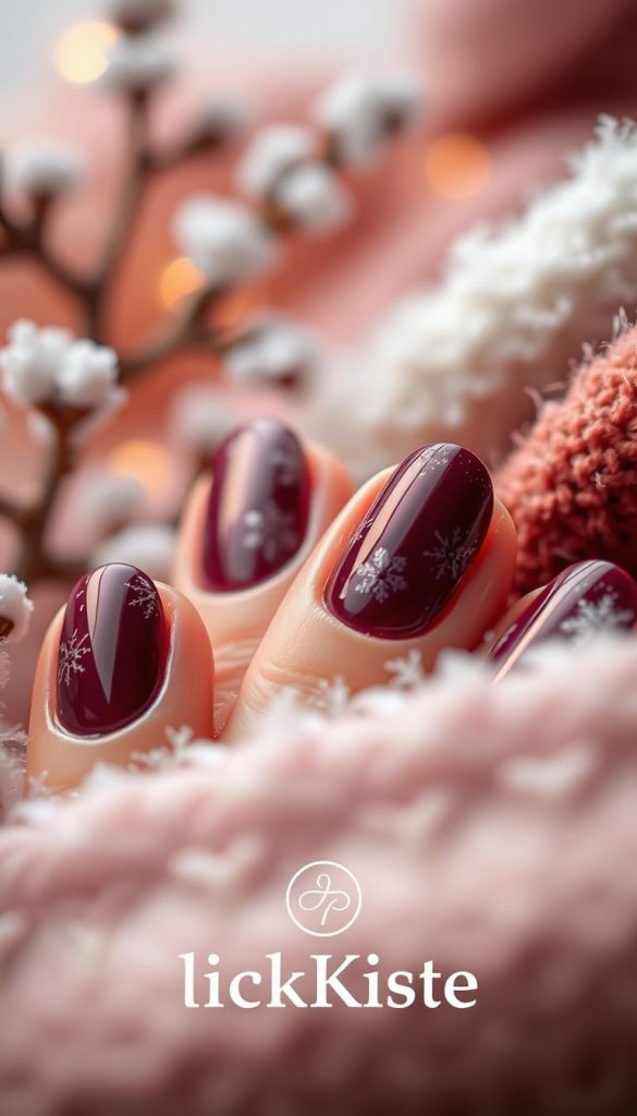 A close-up of beautifully manicured nails painted in a rich plum shade, capturing the essence of winter elegance. The foreground displays the nails intricately adorned with artistic designs, reflecting various finishes such as glossy and matte, amidst a soft, plush wintery background. The middle ground features gentle, diffused lighting that highlights the deep, luxurious color of the polish, enhancing its allure. In the background, softly blurred seasonal elements like frosty branches and warm-toned fabrics create a cozy atmosphere, inviting viewers to appreciate the beauty of winter styles. The composition evokes a sense of warmth and sophistication, perfect for a stylish Pinterest-inspired aesthetic. A subtle logo of "KlickKiste" is artistically integrated into the scene, maintaining a decorative and seamless appearance.