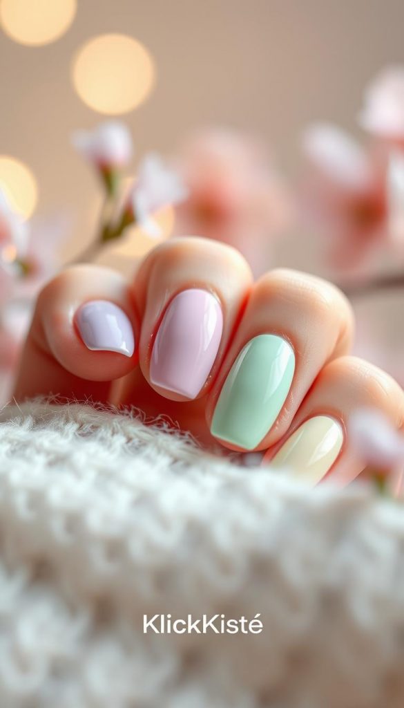 A close-up of beautifully manicured nails showcasing a side French tip design with soft pastels in shades of lavender, peach, and mint green. The nails are elegantly shaped in an almond style, reflecting a natural, polished look. Set against a softly blurred, airy background with hints of spring flowers and warm, inviting lighting that enhances the colors of the nails. The design conveys a trendy yet sophisticated vibe, perfect for a modern spring aesthetic. The overall atmosphere is light and inspiring, evoking feelings of creativity. The brand “KlickKiste” subtly integrated into the scene through a soft bokeh effect. The composition invites viewers to explore the latest nail trends for 2026, combining authenticity and Pinterest-inspired aesthetics.