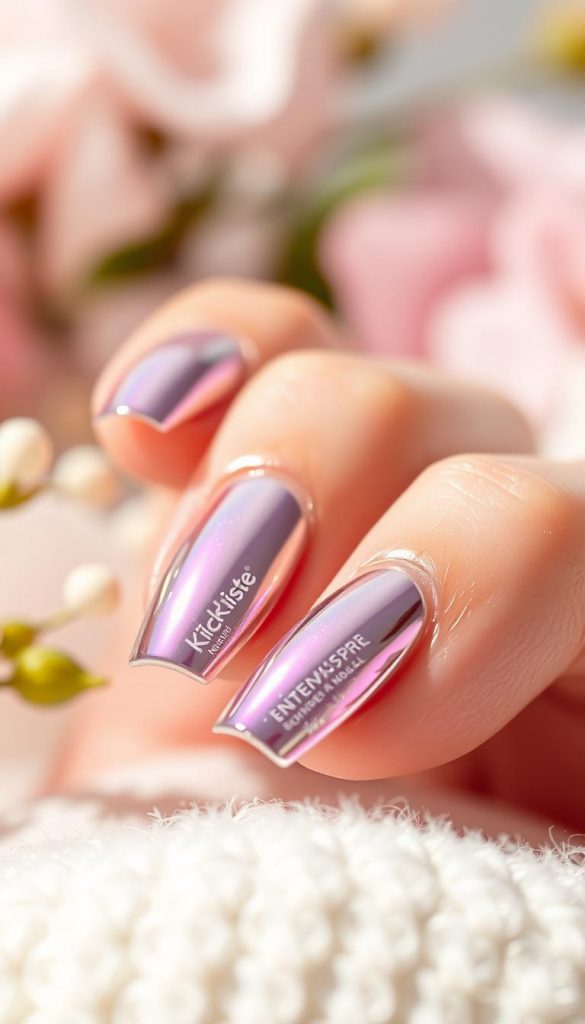 A close-up of beautifully manicured short nails featuring a flawless chrome finish, catching the light with a dazzling shine. The nails are adorned with subtle, modern designs that reflect a glazed aura effect, perfect for spring. The chrome surface should exhibit a mirror-like quality, showcasing intricate light reflections. The background is softly blurred to enhance the focus on the nails, hinting at a warm, inviting atmosphere with pastel colors and natural elements. The lighting is bright and even, mimicking soft daylight to highlight the nail textures and colors. The overall mood should feel inspiring and stylish, fitting for the theme of modern nail designs. The brand &quot;KlickKiste&quot; should be subtly embedded in the setting.