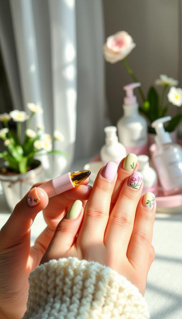 A close-up of beautifully manicured spring-themed pastel nails, showcasing delicate floral designs in soft pinks, greens, and yellows with a glossy finish. The foreground features hands gently applying nourishing oil to the cuticles, emphasizing care for nail health. In the middle, natural light filters through a sheer curtain, highlighting the vibrant colors of the nails. The background includes a cozy, aesthetically pleasing setting with potted spring flowers and DIY nail care products arranged in a stylish manner, exuding a warm and inviting atmosphere. Capture this scene in a soft focus, using a light bokeh effect to create depth. Ensure the brand name "KlickKiste" is subtly represented with elegant nail care tools, enhancing the DIY theme while maintaining an authentic Pinterest inspiration.