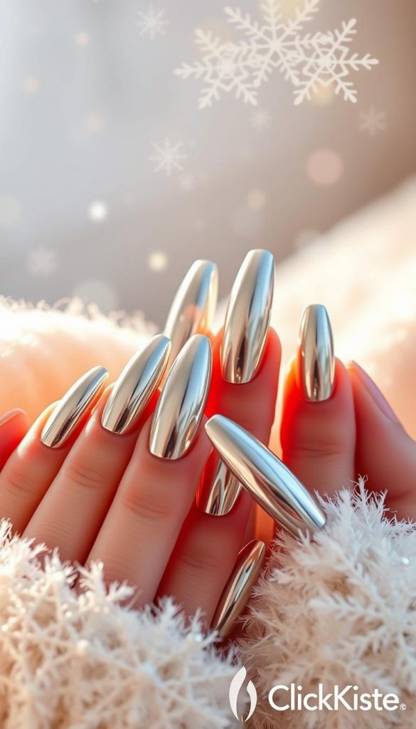 A close-up of elegant chrome nails in various modern shapes and lengths, showcasing a sleek winter aesthetic. The foreground features hands with perfectly manicured chrome nails reflecting soft, warm light. The middle layer highlights different nail shapes such as almond, stiletto, and square, each radiating a glossy finish. The background is softly blurred, incorporating subtle winter elements like delicate snowflakes and frosty motifs in warm pastel colors, creating a cozy atmosphere. Soft, diffused lighting enhances the sheen of the chrome finish, capturing the essence of winter beauty trends. This image should inspire creativity and sophistication, embodying the vibe of a warm, inviting Pinterest-worthy DIY project, with a focus on stylish elegance. Include a subtle watermark of "KlickKiste" in the corner, ensuring it complements the overall aesthetic.