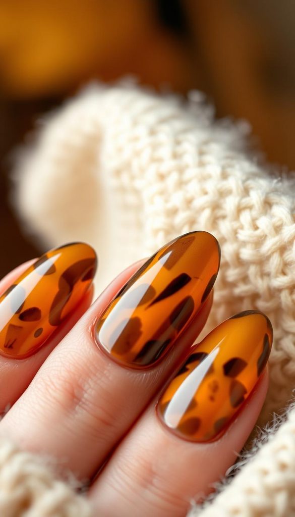 A close-up of graceful tortoise-shell nails, their glossy surface reflecting warm, golden hues. The nails are shaped in a natural, slightly almond form, their tips gently curved. The lighting is soft and diffused, casting a cozy, autumnal glow. The background is blurred, allowing the nails to take center stage, evoking a sense of rustic elegance. Earthy brown tones mingle with shimmering metallic accents, creating a timeless, sophisticated aesthetic. This image captures the essence of the season, blending traditional elements with a modern, minimalist sensibility.