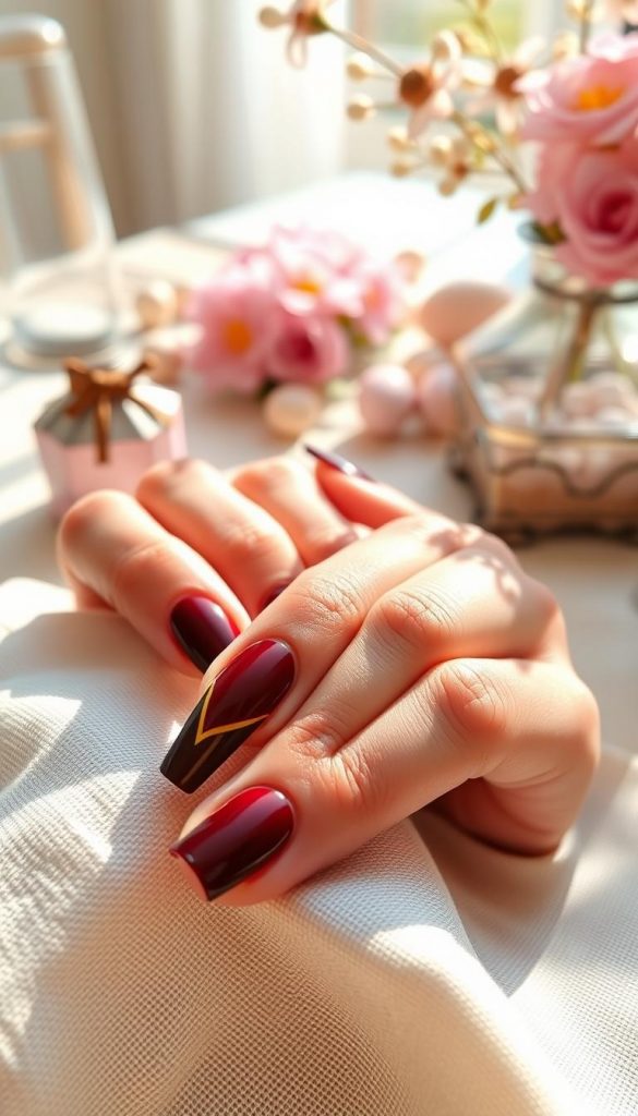 A close-up of perfectly manicured nails showcasing a Chocolate Cherry manicure, featuring deep, rich shades of cherry red and glossy chocolate brown. The nails are elegantly shaped with a subtle geometrical design incorporating hints of butter yellow for a soft contrast. In the foreground, the hands rest gently on a light, textured fabric, maybe a pastel linen napkin, enhancing the warmth and inviting charm. The background softly blurs to reveal a cozy, sunlit table setting for Easter brunch, adorned with delicate pastel-colored flowers and subtle decor elements, creating a festive yet sophisticated atmosphere. The lighting is warm and inviting, capturing shadows and highlights that emphasize the shiny nail polish. The image evokes a sense of elegance and inspiration, reflecting a natural DIY aesthetic. Designed for KlickKiste.
