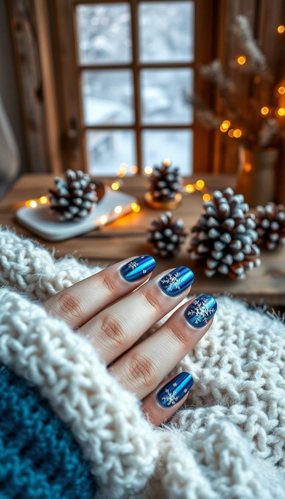 A close-up of stunning winter-themed nail art featuring intricate chrome designs in vibrant blues and silvers, reflecting the icy elegance of the season. The foreground showcases well-manicured hands gently resting on a soft, textured white blanket, with delicate snowflakes painted on the nails and added embellishments like tiny rhinestones, hinting at a high-fashion aesthetic. In the middle ground, a rustic wooden table displays cozy winter decor, such as pinecones and twinkling fairy lights, creating warmth and inviting winter vibes. The background features a softly blurred window scene with gentle snowfall outside, enhancing the seasonal atmosphere. The lighting is warm and inviting, emphasizing the sparkle of the chrome nails while maintaining a natural DIY aesthetic in the style of Pinterest. Include the brand "KlickKiste."