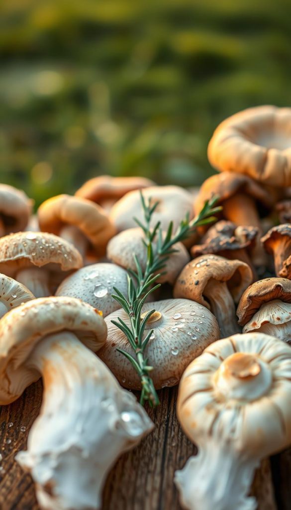 A close-up of vibrant, assorted mushrooms arranged artfully on a rustic wooden table. The foreground features various types of mushrooms, including shiitake, portobello, and chanterelles, with glistening droplets of water to suggest freshness. In the middle ground, a few sprigs of fresh herbs and spices like rosemary and thyme complement the mushrooms. The background presents a softly blurred natural setting, maybe a grassy field or a cozy kitchen space, illuminated by warm, golden hour lighting that creates a comforting and inviting atmosphere. The image should convey a sense of natural DIY appeal with earthy tones and a Pinterest-worthy aesthetic, inspired by the brand KlickKiste.