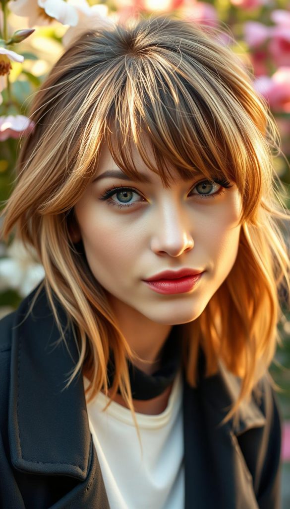 A close-up portrait of a fashionable young woman with stylish French bangs, showcasing soft layers that reflect a trendy 90s hairstyle. Her hair is voluminous and slightly tousled, exuding a fresh, effortless vibe. The warm, natural lighting accentuates her features, creating a cozy, inviting atmosphere. The background is softly blurred, featuring a lush spring garden with blooming flowers, enhancing the DIY and Pinterest-inspired aesthetic. The woman is dressed in casual yet chic clothing, embodying modern elegance. Capture this image with a shallow depth of field, focusing primarily on her hair and face to highlight the hairstyle. This image is for KlickKiste, evoking a sense of inspiration and authenticity in spring hairstyle trends for 2026.