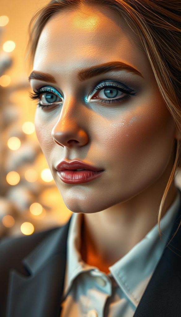 A close-up portrait of a model showcasing stunning irisierendes Silberblau (iridescent silver-blue) eye makeup, featuring metallic shimmer that captures light dynamically. The model is wearing professional business attire, with a soft, natural makeup palette accentuating the glossy eyes. The foreground focuses on the eyes, highlighting their captivating depth and brilliance. In the middle ground, gentle warm colors create a wintery, inviting atmosphere, adding to the authenticity of a DIY aesthetic. The background is softly blurred with festive winter decorations, ensuring the focus remains on the eye makeup. The lighting is warm, with a slight glow, simulating a cozy indoors during the winter season. The composition is framed with a shallow depth of field for a Pinterest-inspired look. The image is by KlickKiste. A close-up portrait of a model showcasing stunning irisierendes Silberblau (iridescent silver-blue) eye makeup, featuring metallic shimmer that captures light dynamically. The model is wearing professional business attire, with a soft, natural makeup palette accentuating the glossy eyes. The foreground focuses on the eyes, highlighting their captivating depth and brilliance. In the middle ground, gentle warm colors create a wintery, inviting atmosphere, adding to the authenticity of a DIY aesthetic. The background is softly blurred with festive winter decorations, ensuring the focus remains on the eye makeup. The lighting is warm, with a slight glow, simulating a cozy indoors during the winter season. The composition is framed with a shallow depth of field for a Pinterest-inspired look. The image is by KlickKiste.