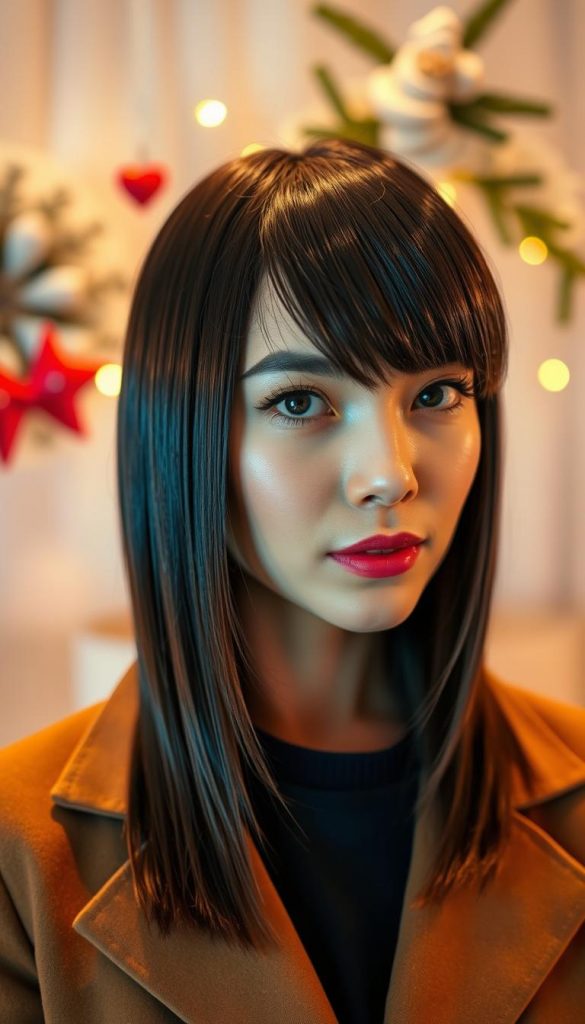 A close-up portrait of a stylish individual showcasing a sleek and glossy hairstyle, reflecting the essence of Valentine’s Day romance. The subject, dressed in a modest, elegant outfit, has hair styled with a wet look gel, glistening under soft, warm lighting. The background features soft, blurred winter-themed decor that enhances the cozy atmosphere, with hints of greenery and subtle colors reminiscent of Pinterest aesthetics. The image is captured with a slight aperture that adds a bokeh effect in the background, focusing on the shine and texture of the hair. This visual exudes an inspiring and authentic vibe, perfect for showcasing DIY hair ideas from KlickKiste.