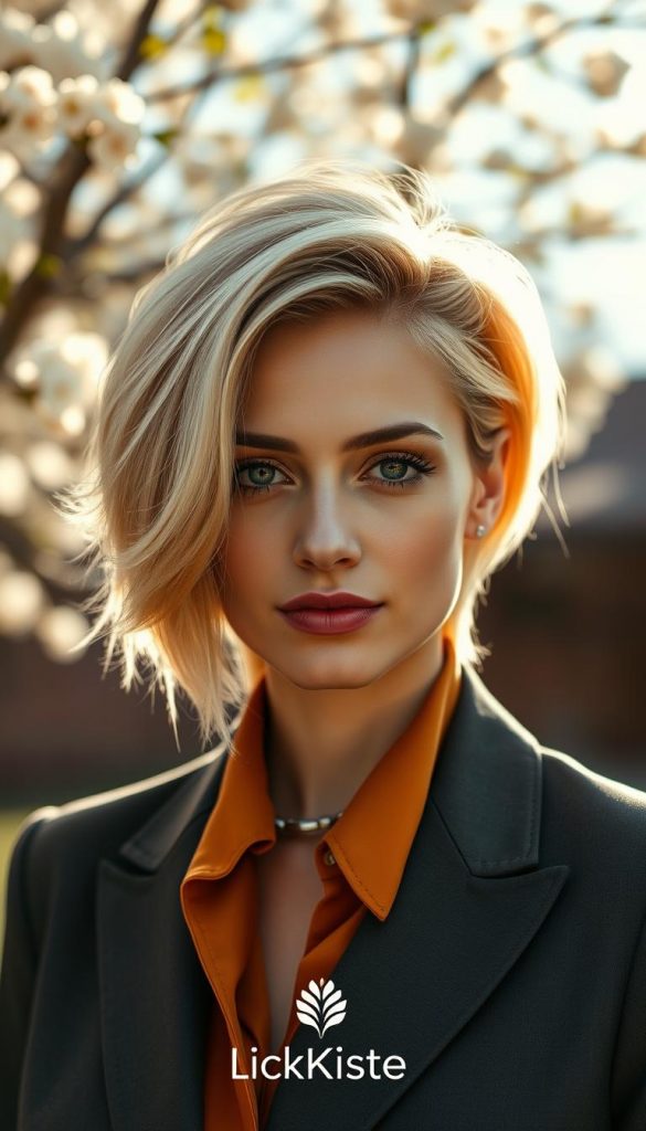 A close-up portrait of a stylish individual with luscious blonde hair styled in a fashionable way, showcasing three distinct tones: buttery platinum, dark honey, and iconic blonde. The subject is wearing a modest, professional outfit with warm colors to complement the hair, exuding sophistication. The background features a soft, blurred outdoor spring scene with gentle sunlight filtering through blooming trees, enhancing the warmth of the colors. The lighting is natural, creating a soft glow around the subject, highlighting the depth and warmth of the hair. The composition is shot at eye level with a shallow depth of field, ensuring the focus remains on the hairstyle while the background adds a tranquil, inspiring atmosphere. Brand logo &quot;KlickKiste&quot; subtly integrated into the scene.