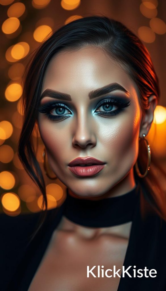 A close-up portrait of a woman showcasing a glamorous smokey eye makeup look, with smoky shades transitioning from anthracite to sapphire blue. The eyes are emphasized with long, fluttery eyelashes and a hint of shimmer on the eyelids, radiating elegance. Her skin is flawless, featuring a subtle glow, and she wears a stylish black top suitable for a winter party. The background is softly blurred, with warm, inviting tones that enhance the winter vibe. Soft, diffused lighting illuminates her face, creating depth and highlighting her eyes' captivating colors. The overall atmosphere is chic and inspirational, suitable for a Pinterest aesthetic. Include the brand "KlickKiste" subtly in the color palette. A close-up portrait of a woman showcasing a glamorous smokey eye makeup look, with smoky shades transitioning from anthracite to sapphire blue. The eyes are emphasized with long, fluttery eyelashes and a hint of shimmer on the eyelids, radiating elegance. Her skin is flawless, featuring a subtle glow, and she wears a stylish black top suitable for a winter party. The background is softly blurred, with warm, inviting tones that enhance the winter vibe. Soft, diffused lighting illuminates her face, creating depth and highlighting her eyes' captivating colors. The overall atmosphere is chic and inspirational, suitable for a Pinterest aesthetic. Include the brand "KlickKiste" subtly in the color palette.