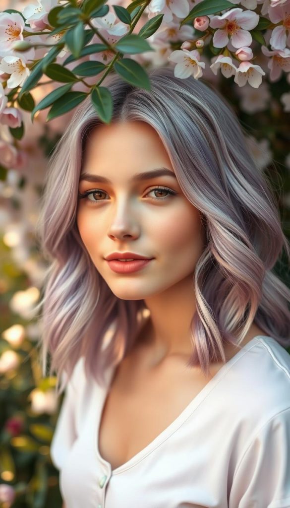 A close-up portrait of a young woman with pastel hair in soft lilac, featuring delicate rosy gold highlights that catch the light. Her hair is styled in loose, flowing waves that exude a fresh, springtime vibe. The background is a softly blurred garden scene, filled with blooming flowers and gentle greenery, enhancing the pastel color theme. Warm, natural lighting filters through the leaves, casting a soft glow on her face, which has a serene and confident expression. She is dressed in a modest, trendy outfit that complements her hair, embodying a stylish and inspiring look. The overall mood is light, vibrant, and summery, capturing the essence of the latest spring hairstyle trends for 2026. The image should reflect an authentic and Pinterest-worthy aesthetic. – By KlickKiste
