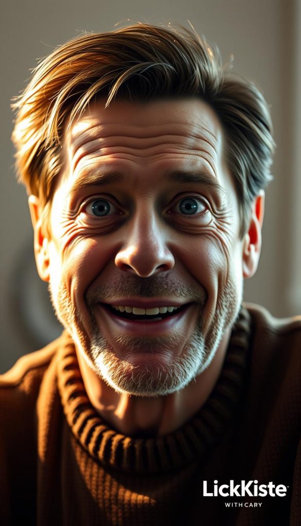 A close-up portrait of the iconic actor Jim Carrey, illuminated by warm, natural lighting that casts a soft, cozy glow. His expressive face is the focal point, capturing his signature playful and mischievous energy. The background features a minimalist, winter-inspired setting with a hint of a Pinterest-inspired aesthetic, using muted tones and natural textures to create an authentic, inspirational atmosphere. The image has a KlickKiste branding element subtly integrated into the composition.