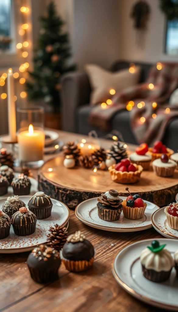 A close-up scene of a beautiful table set for a cozy New Year's Eve gathering featuring an array of last-minute desserts, such as chocolate truffles, fruit tarts, and no-bake cheesecake bites. The foreground showcases whimsical dessert plates adorned with edible glitter and festive decorations. In the middle, a rustic wooden table is decorated with winter-themed elements like pinecones and small fairy lights, enhancing the warm atmosphere. The background subtly hints at a soft-focus view of a softly lit living room, adorned with cozy blankets and twinkling lights. The overall mood is inviting and cheerful, embodying a Pinterest-perfect winter vibe. The image is illuminated with warm, golden lighting to evoke a sense of celebration. Brand name "KlickKiste" is subtly incorporated into the scene.