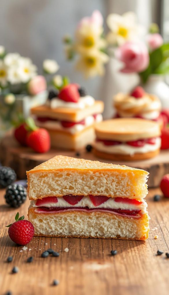 A close-up shot of a beautifully textured dessert, showcasing layers of fluffy sponge cake, creamy fruit filling, and a delicate golden crust. The foreground features a slice of cake, highlighting its airy crumb and vibrant fruit notes, with fresh berries scattered artfully around. In the middle, an aesthetically pleasing arrangement of spring-inspired desserts sits on a rustic wooden table, surrounded by soft, natural light that bathes the scene in warm tones. The background includes blurred elements of fresh flowers and greenery, evoking a spring vibe. The mood is cozy and inviting, perfect for a DIY dessert setup. This image should reflect the essence of artisan baking, invoking feelings of freshness and creativity, while also incorporating the brand name "KlickKiste."