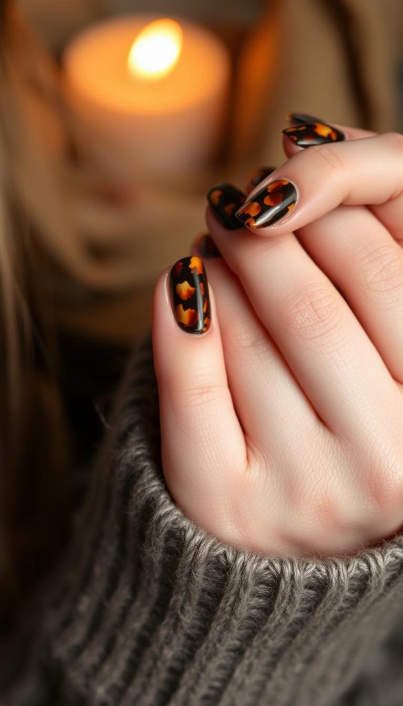 A close-up shot of a female's hand, nails elegantly adorned with a captivating tortoiseshell pattern. The nails are meticulously crafted, showcasing a harmonious blend of warm, earthy tones reminiscent of a crackling autumn fire. Soft, diffused lighting casts a cozy, inviting glow, evoking a sense of rustic sophistication. The image exudes a natural, organic feel, as if captured in a serene, winter-inspired setting. The tortoiseshell nails stand out as the focal point, drawing the viewer's eye and commanding attention, exemplifying the classy, on-trend aesthetic perfect for the season.