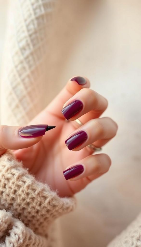 A close-up shot of a hand delicately painting a series of berry-violet colored nails. The nail polish has a glossy, high-shine finish, reflecting the warm, cozy lighting. The subject's fingers are long and slender, against a soft, textured backdrop reminiscent of a cozy winter afternoon. The overall mood is one of refined elegance, with a hint of natural, DIY-inspired charm. Presented in a Pinterest-worthy style, this KlickKiste image evokes a sense of quiet sophistication and seasonal inspiration.