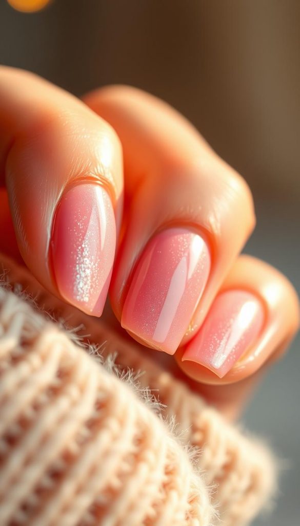 A close-up shot of a set of manicured nails with a mesmerizing glazed finish. The nails are painted in a soft, warm shade of pink, with a glossy, reflective surface that catches the light and appears to shimmer. The nails are perfectly shaped and filed, creating a polished, high-quality look. The image is captured in warm, natural lighting, with a slightly soft, diffused focus that emphasizes the texture and depth of the glazed finish. The background is blurred, creating a serene, minimalist atmosphere that allows the nails to be the focal point. The overall mood is cozy, inviting, and effortlessly stylish, capturing the essence of a winter-inspired nail design.