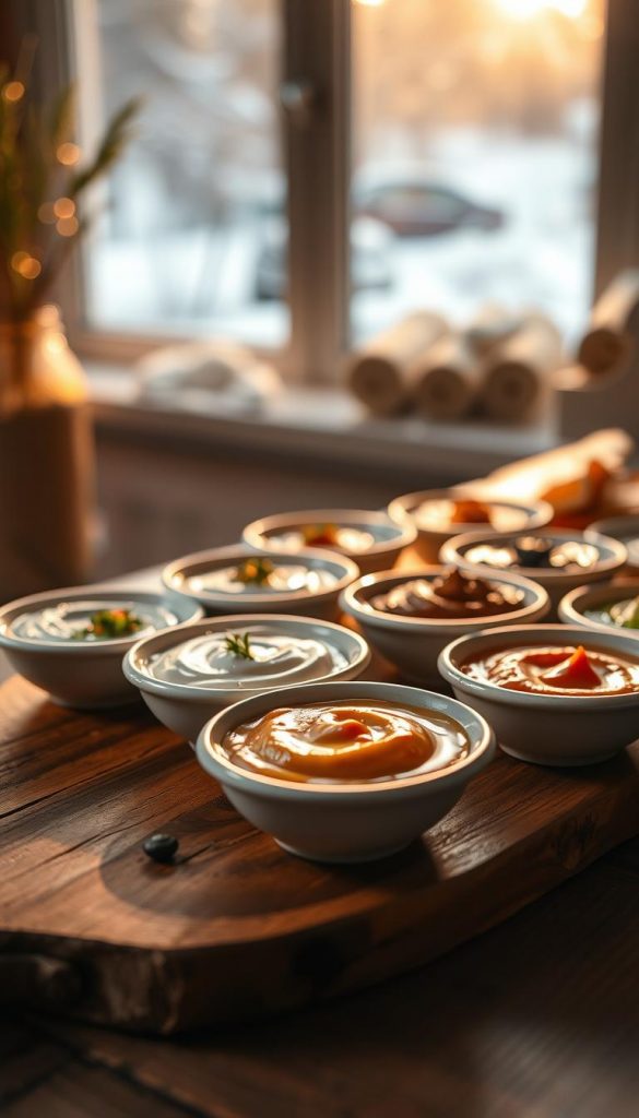 A close-up shot of an assortment of homemade dips, artfully arranged on a rustic wooden board. The dips are presented in small, elegant bowls, showcasing their creamy textures and vibrant colors. The scene is bathed in warm, golden lighting, creating a cozy, inviting atmosphere. In the background, a soft, blurred winter landscape can be seen through a window, adding a touch of coziness. The overall mood is natural, authentic, and visually appealing, evoking a Pinterest-inspired aesthetic that would perfectly complement the &amp;amp;amp;quot;Dip it like it's midnight&amp;amp;amp;quot; section of the article.