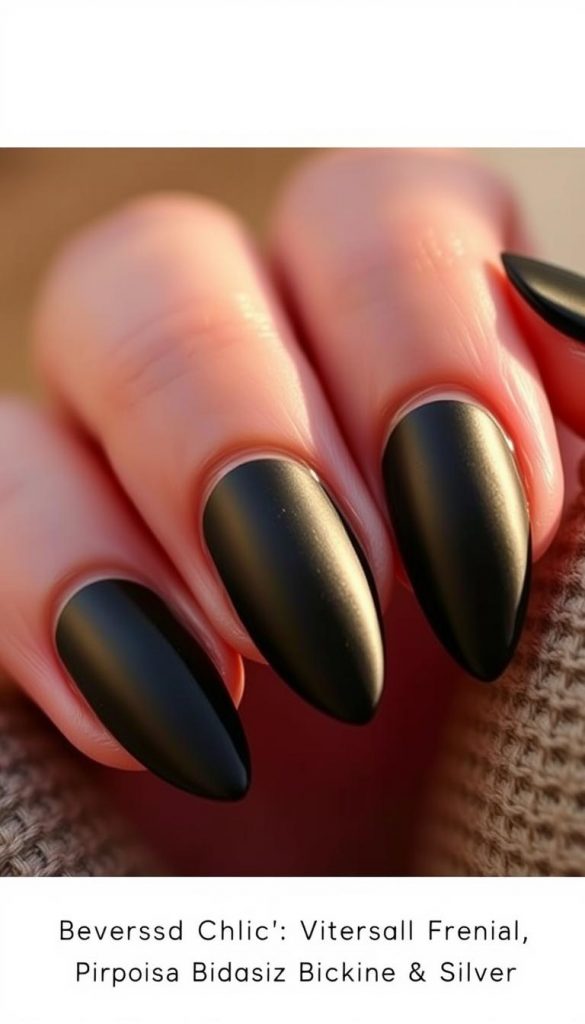 A close-up shot of edgy, matte black nails with a sleek, polished finish. The nails are shaped into sharp, angular tips, creating a bold, modern look. Subtle highlights and reflections on the nail surfaces add depth and dimension. The image is bathed in warm, diffused lighting, casting gentle shadows and creating a cozy, atmospheric vibe. The nails are set against a softly blurred, neutral background, allowing the nails to be the central focus. An elegant, chic and sophisticated aesthetic, perfect for the "Edgy & Chic: Reverse Black French, Biker Black & Silver" section of the article.