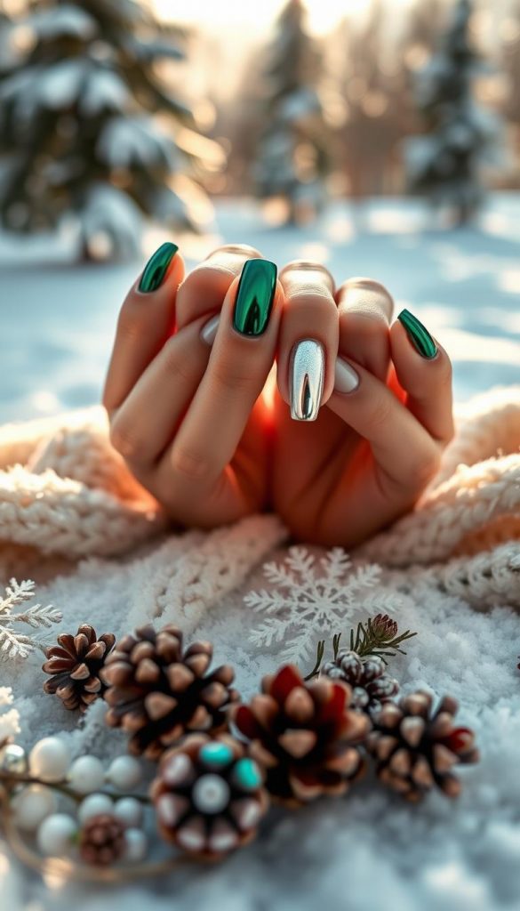 A close-up shot of elegant winter nails featuring a stunning chrome finish, showcasing deep winter tones like icy blue, frosty silver, and rich emerald green. The foreground displays hands with perfectly manicured nails positioned artistically against a soft, textured blanket mimicking snow. The middle ground captures a beautifully arranged flat lay of winter-themed accessories like pinecones and delicate snowflakes, enhancing the seasonal vibe. In the background, a blurred glimpse of a serene winter landscape—snow-covered trees glistening in subtle sunlight—creates a warm, cozy atmosphere. The lighting is soft and diffused, evoking a sense of tranquility and inspiration, reminiscent of a DIY aesthetic perfect for Pinterest. Include the brand name "KlickKiste" subtly, not drawing attention away from the nails.