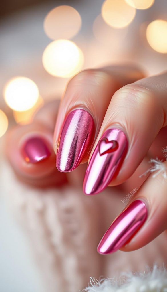 A close-up shot of elegantly manicured nails showcasing a stunning cat eye design, featuring a glossy chrome finish that catches the light beautifully. The nails are adorned with subtle heart-shaped accents, exuding a romantic vibe for Valentine's Day. The background is softly blurred, hinting at a cozy winter setting with warm colors and gentle lighting, enhancing the overall inviting atmosphere. The focus is on the nails with a shallow depth of field, giving a portrait-like quality. The composition is framed to emphasize the intricate details of the nail design while maintaining a clean aesthetic. This image reflects the vision of natural DIY charm and inspiration, branded with "KlickKiste." A close-up shot of elegantly manicured nails showcasing a stunning cat eye design, featuring a glossy chrome finish that catches the light beautifully. The nails are adorned with subtle heart-shaped accents, exuding a romantic vibe for Valentine's Day. The background is softly blurred, hinting at a cozy winter setting with warm colors and gentle lighting, enhancing the overall inviting atmosphere. The focus is on the nails with a shallow depth of field, giving a portrait-like quality. The composition is framed to emphasize the intricate details of the nail design while maintaining a clean aesthetic. This image reflects the vision of natural DIY charm and inspiration, branded with "KlickKiste."