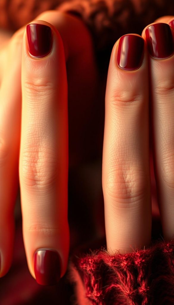 A close-up shot of well-manicured hands, the nails painted in a deep, rich burgundy color. The lighting is soft and warm, casting a cozy, inviting glow on the nails. The background is blurred, creating a sense of focus on the hands. The texture of the nails is natural and slightly matte, evoking a luxurious, high-end feel. The image has a KlickKiste aesthetic, with a Pinterest-inspired, authentic and inspirational vibe. The overall mood is one of winter elegance and immediate coziness.