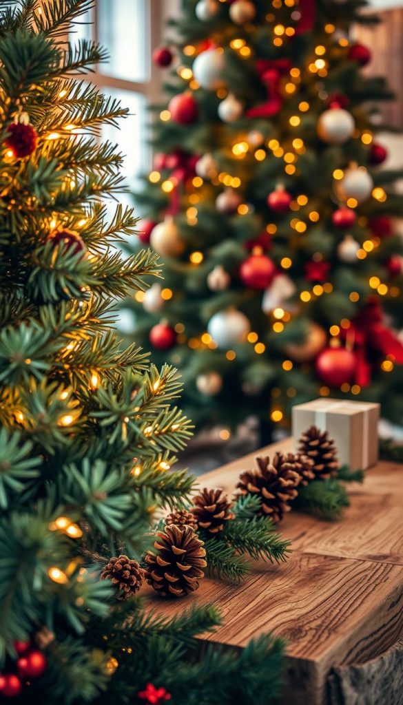 A close-up view of a beautifully decorated Christmas tree, showcasing various types of conifer branches such as spruce and fir, with fresh green needles. The foreground features warm fairy lights gently illuminating the tree, highlighting ornaments in rich reds, golds, and whites, creating a cozy winter atmosphere. In the middle ground, a rustic wooden table displays DIY decorations like pinecones and handcrafted ornaments, surrounded by sprigs of evergreen, evoking a sense of creativity and warmth. The background reveals a softly blurred interior with a warm glow, accentuating the festive mood. Soft, natural lighting enhances the textures and colors, and the image has a Pinterest-like aesthetic. This scene embodies the essence of &quot;KlickKiste,&quot; bringing inspiration for holiday decor while portraying the care and planning involved in maintaining a fresh Christmas tree.
