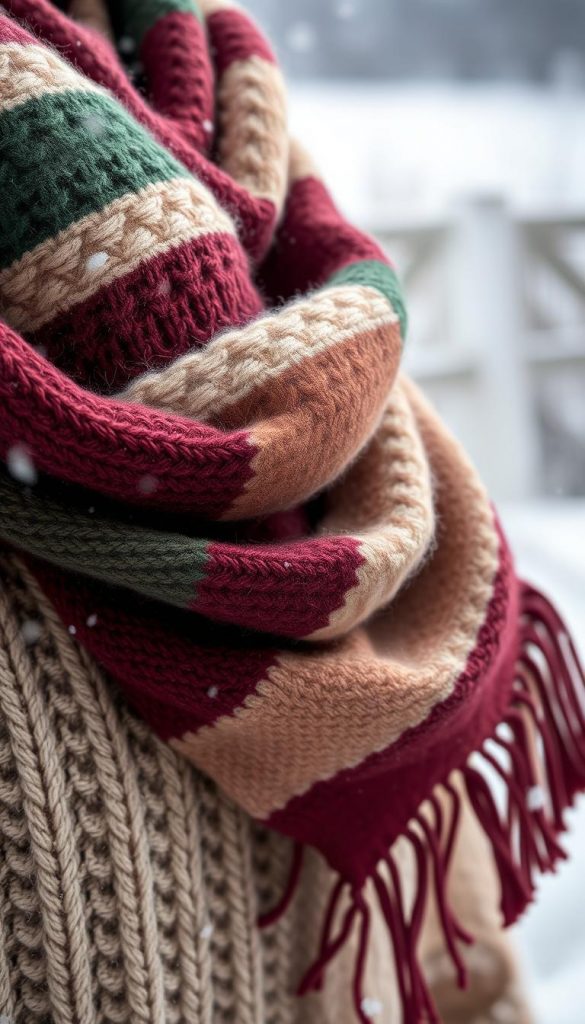 A close-up view of a beautifully textured winter scarf, showcasing a blend of rich, warm colors like deep burgundy, forest green, and soft cream. The foreground features the scarf draped artistically over a cozy knitted sweater, highlighting the intricate patterns and soft cashmere feel. The middle ground includes a blurred background of a wintry landscape with gentle snowfall and soft, diffused lighting that enhances the warm shades of the scarf. The atmosphere is inviting and soothing, evoking a sense of warmth during the cold season. The composition captures the essence of winter outfits with a focus on textiles, ideal for a cozy, stylish vibe. This image reflects the brand "KlickKiste" with its natural DIY aesthetic and Pinterest-inspired look.