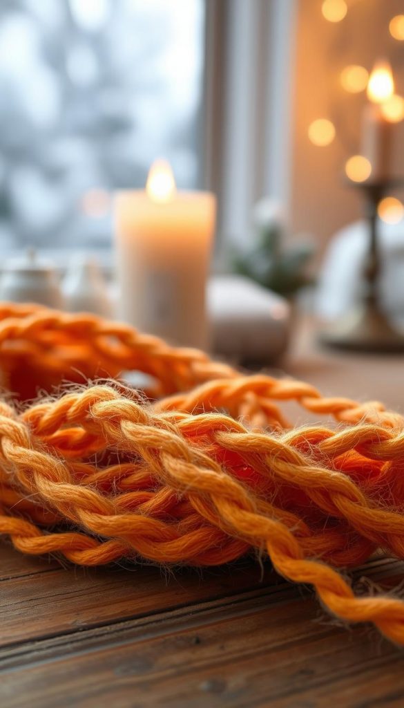 A close-up view of a textured wool wire, intricately woven together in soft, warm shades of orange and yellow. The background soft-focus features a cozy winter scene with gentle flickering candlelight that adds an inviting glow. The wool wire should appear plush and tactile, creating an authentic DIY aesthetic reminiscent of Pinterest inspiration. Natural lighting accentuates the fibers’ softness while casting subtle shadows, adding depth to the image. A rustic wooden table serves as the surface, enhancing the warm, luxurious ambiance. Emphasize a serene, winter vibe that encapsulates the beauty of the season, suitable for a brand like KlickKiste.
